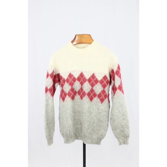 Vintage SAMBAND Made in Iceland Argyle 100% Wool Knit Crew Neck Sweater, Size L - Picture 1 of 11